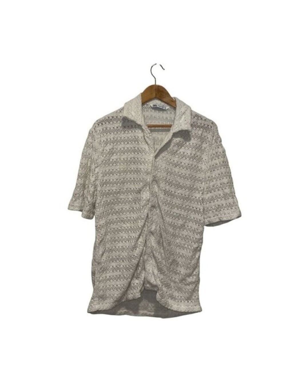 ZARA Womens White Short Sleeve Crochet Button-Up Shirt